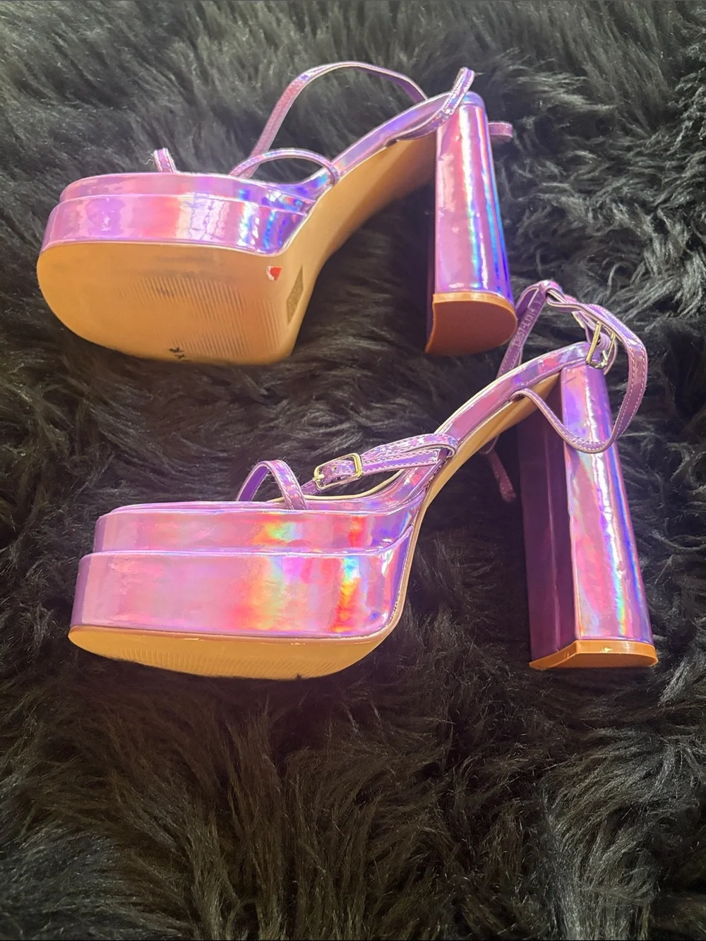 Holographic purple Platform Block Heel Sandals with Ankle Strap